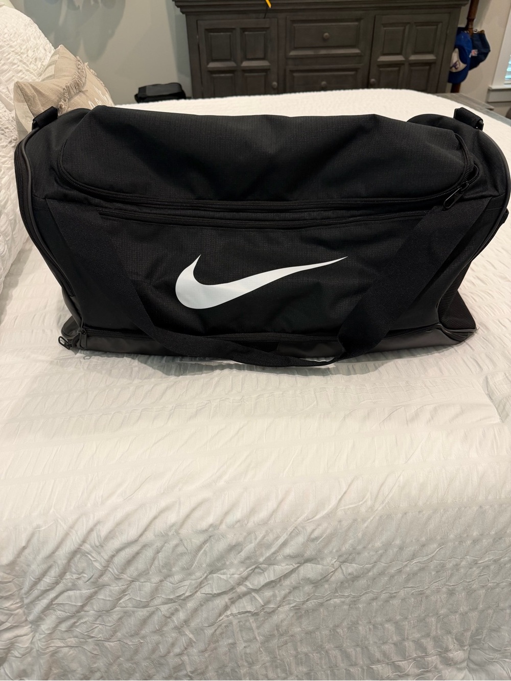 Nike Black Duffel with White Swoosh Logo